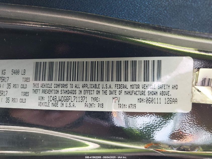 2015 Jeep Wrangler Unlimited Sport VIN: 1C4BJWDG6FL711371 Lot: 41962269