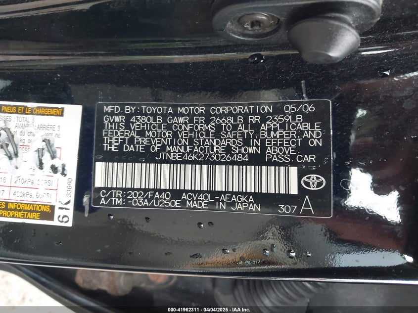2007 TOYOTA CAMRY VIN: JTNBE46K273026484