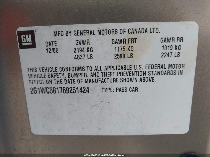 2006 CHEVROLET IMPALA VIN: 2G1WC581769251424