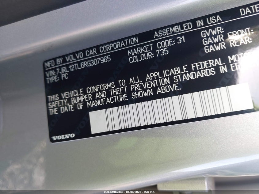 2024 VOLVO S60(VIN: 7JRL12TL6RG307965