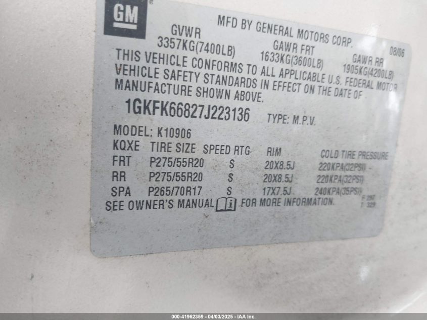 2007 GMC Yukon Xl 1500 Denali VIN: 1GKFK66827J223136 Lot: 41962359