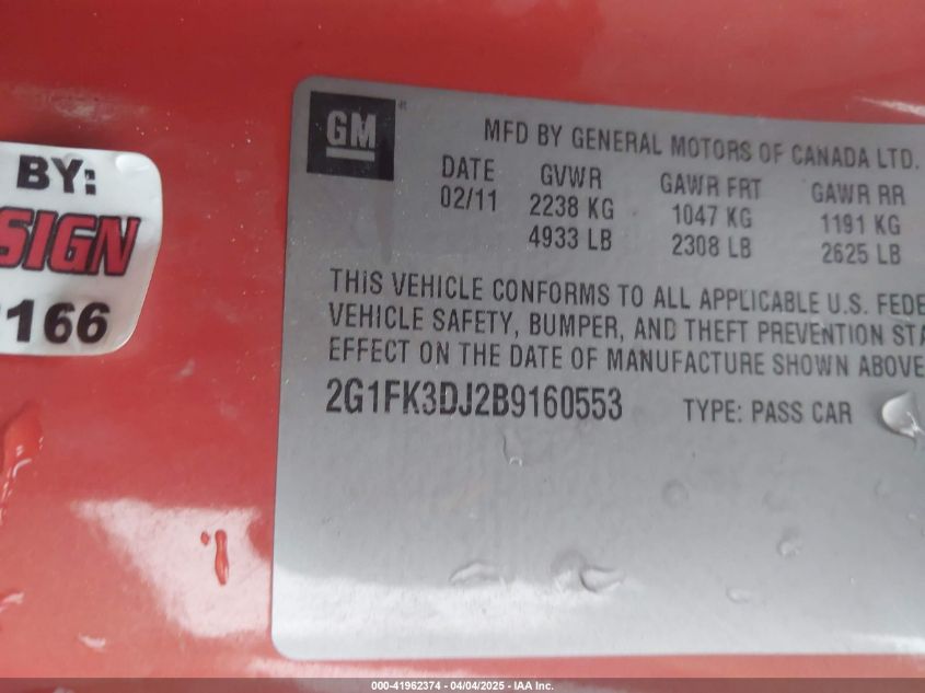2011 Chevrolet Camaro 2Ss VIN: 2G1FK3DJ2B9160553 Lot: 41962374