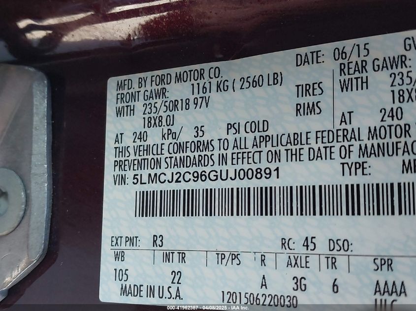 2016 Lincoln Mkc Select VIN: 5LMCJ2C96GUJ00891 Lot: 41962387