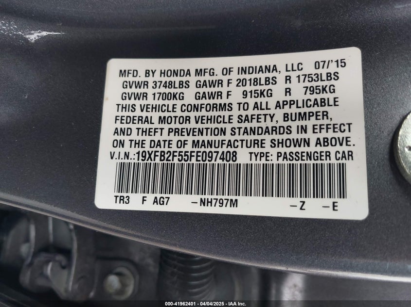 2015 HONDA CIVIC VIN: 19XFB2F55FE097408