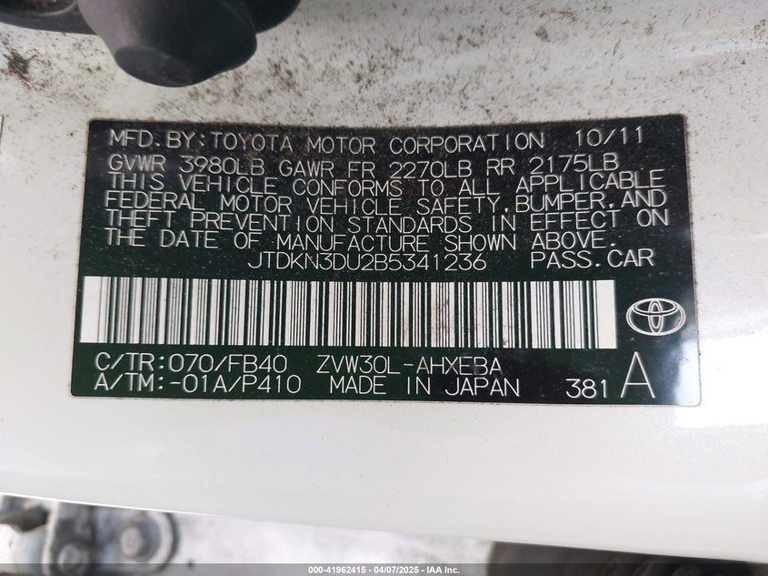 2011 TOYOTA PRIUS VIN: JTDKN3DU2B5341236