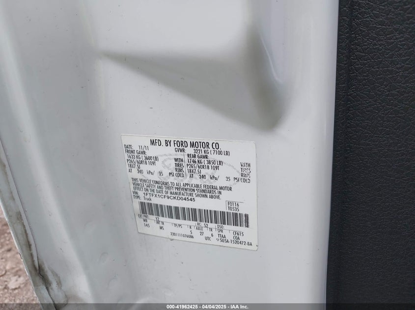 2012 FORD F150 VIN: 1FTFX1CF9CKD04545