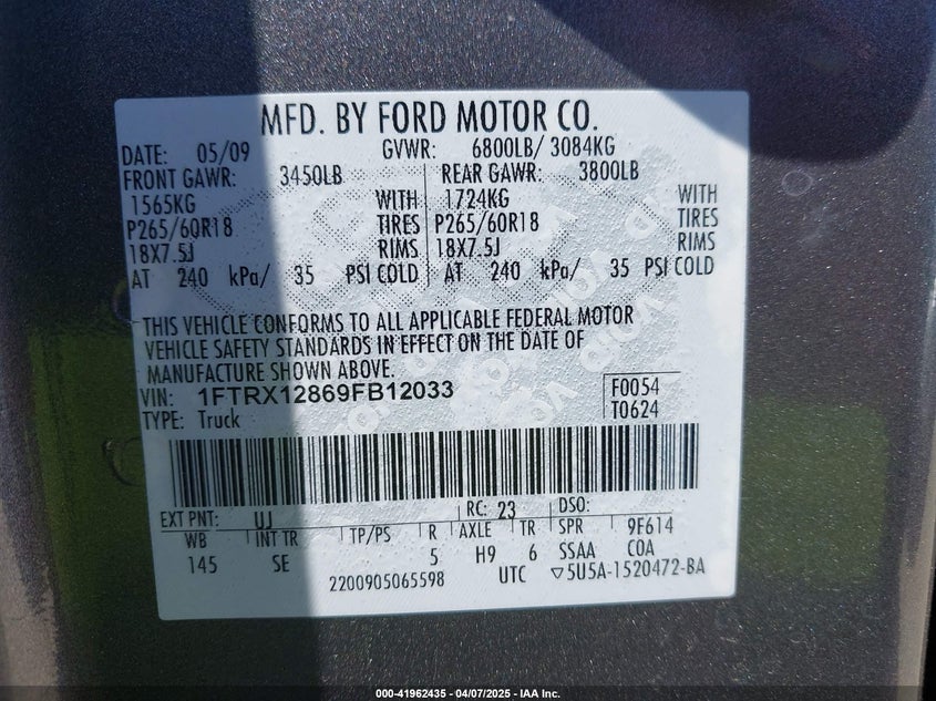 2009 FORD F-150 VIN: 1FTRX12869FB12033