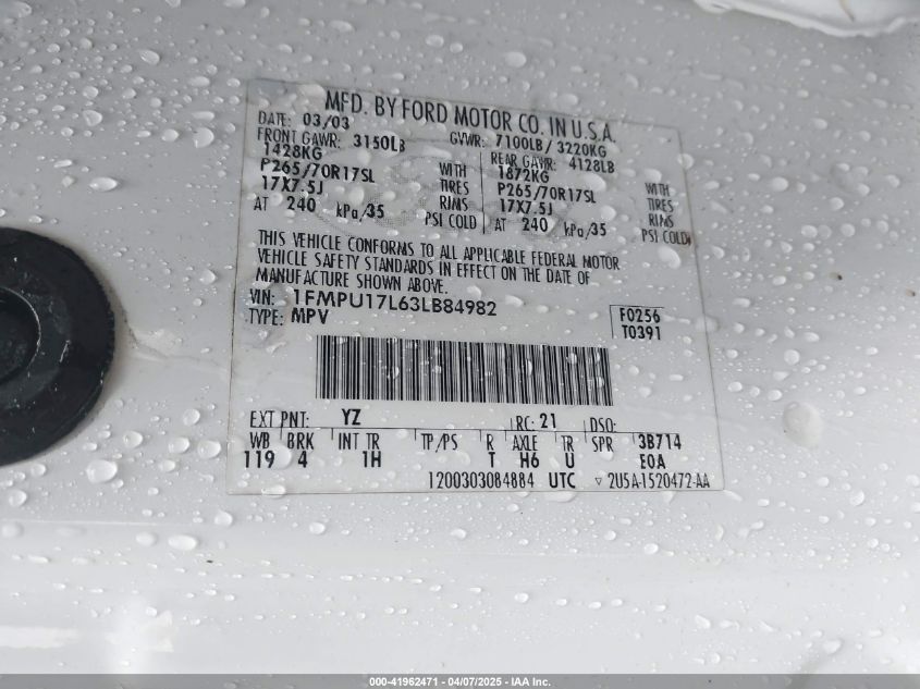 2003 Ford Expedition VIN: 1FMPU17663LB84982 Lot: 41962471