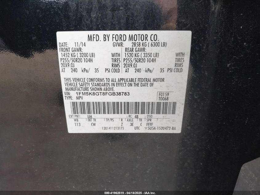 2015 Ford Explorer Sport VIN: 1FM5K8GT8FGB38783 Lot: 41962519