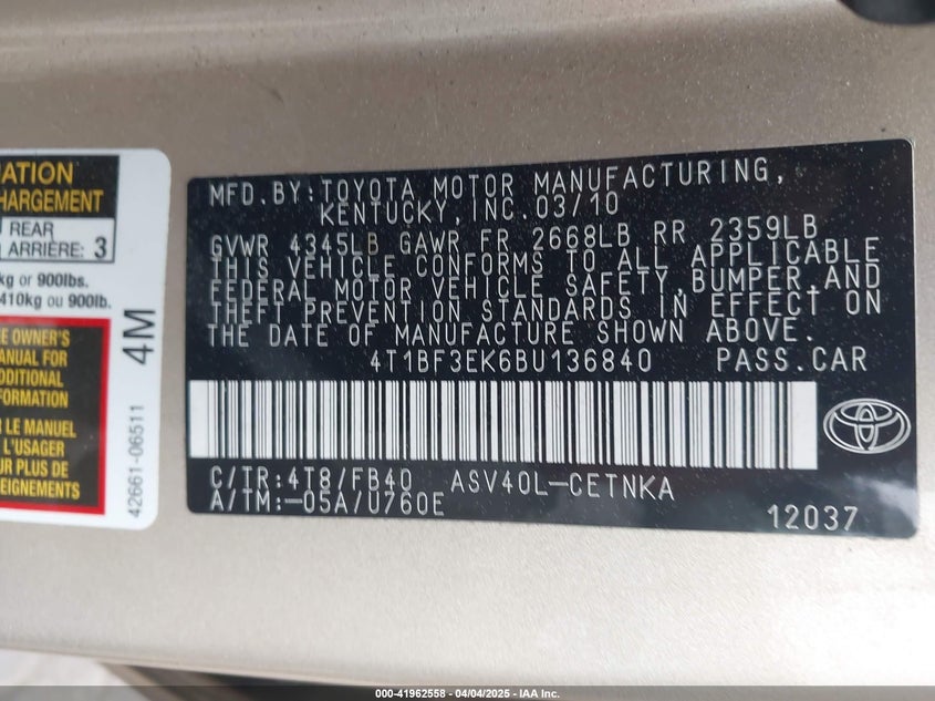 2011 TOYOTA CAMRY VIN: 4T1BF3EK6BU136840