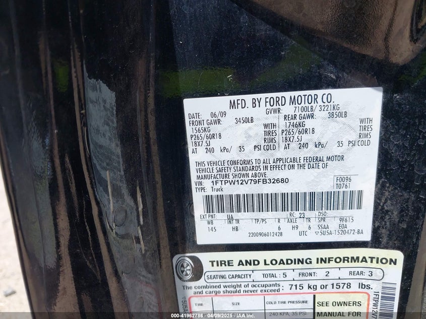 2009 FORD F-150 VIN: 1FTPW12V79FB32680