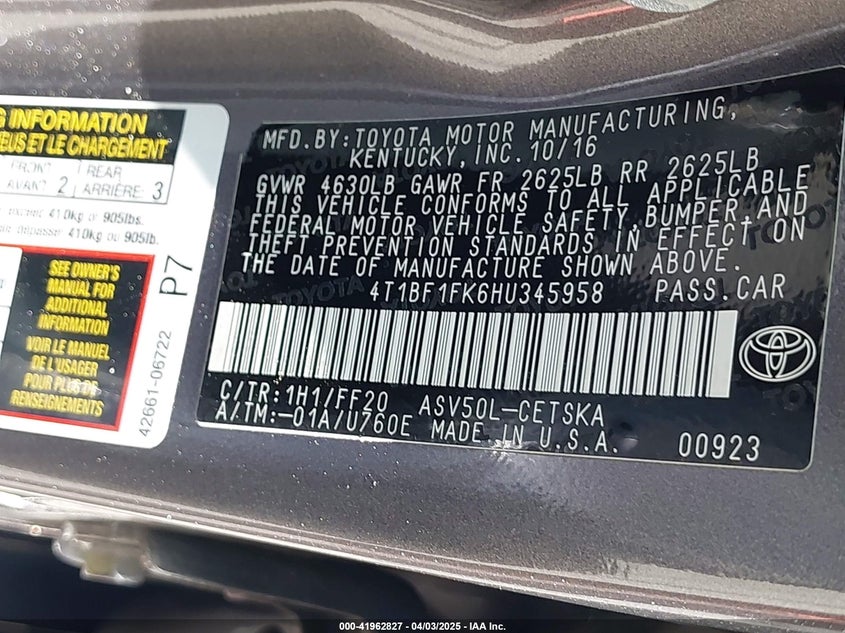 2017 TOYOTA CAMRY VIN: 4T1BF1FK6HU345958