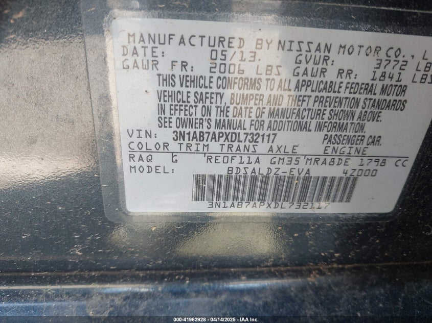 2013 NISSAN SENTRA VIN: 3N1AB7APXDL732117