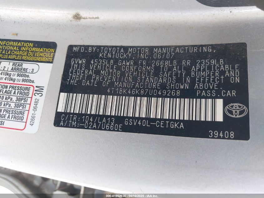 2007 Toyota Camry Xle V6 VIN: 4T1BK46K87U049268 Lot: 41962936