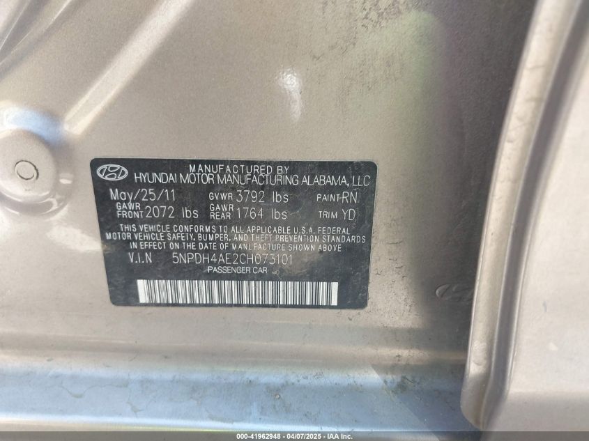 2012 Hyundai Elantra Gls VIN: 5NPDH4AE2CH073101 Lot: 41962948