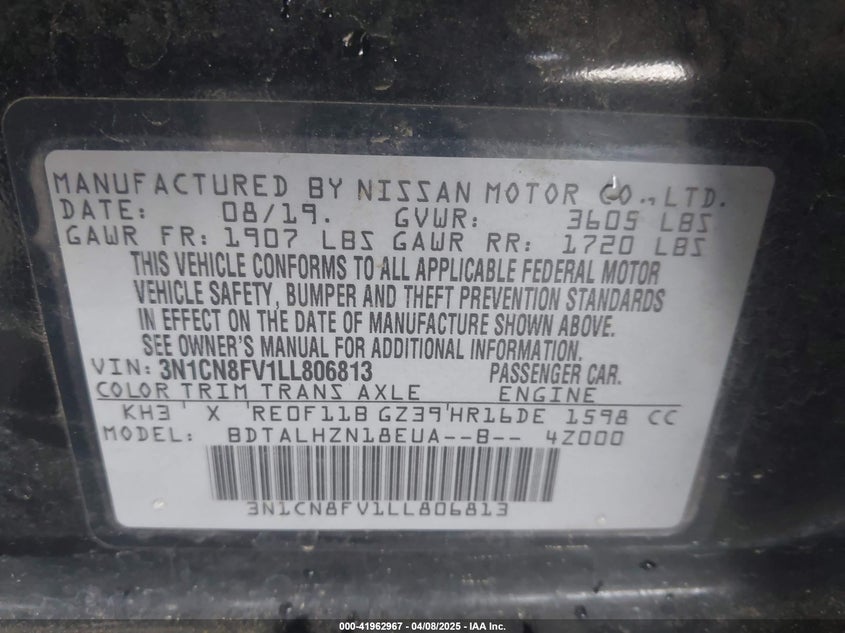 2020 NISSAN VERSA VIN: 3N1CN8FV1LL806813