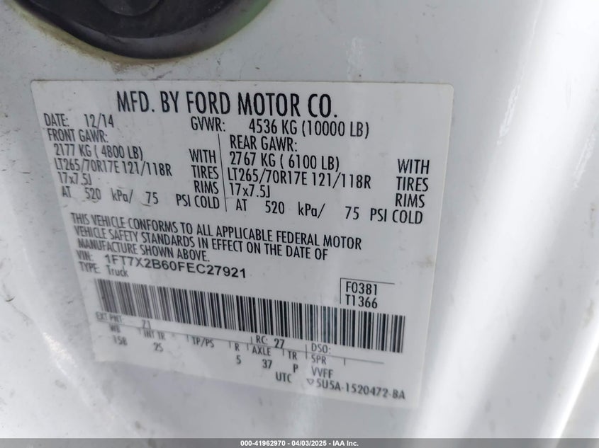 2015 FORD F-250 VIN: 1FT7X2B60FEC27921