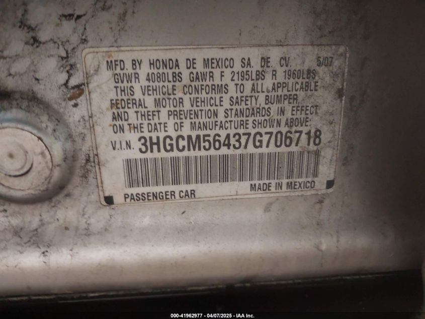 2007 Honda Accord 2.4 Lx VIN: 3HGCM56437G706718 Lot: 41962977