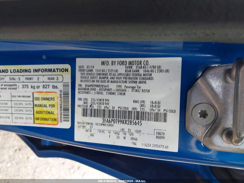 2019 FORD FUSION VIN: 3FA6P0T99KR285645