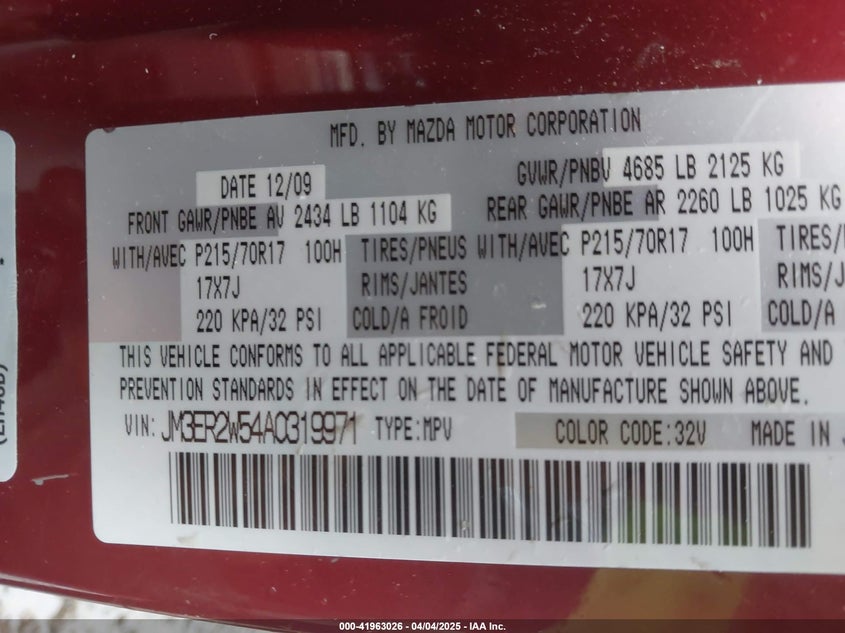 2010 Mazda Cx-7 I Sv VIN: JM3ER2W54A0319971 Lot: 41963026