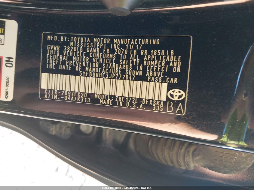 2018 TOYOTA COROLLA VIN: 5YFBURHE3JP772047