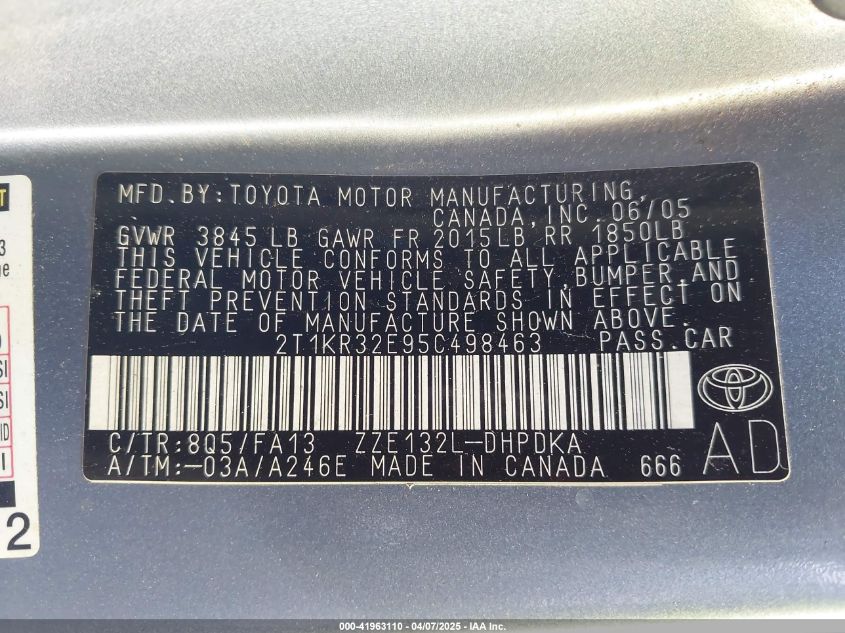 2005 Toyota Matrix VIN: 2T1KR32E95C498463 Lot: 41963110