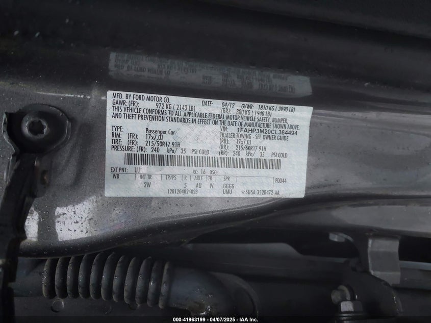 2012 FORD FOCUS VIN: 1FAHP3M20CL384494