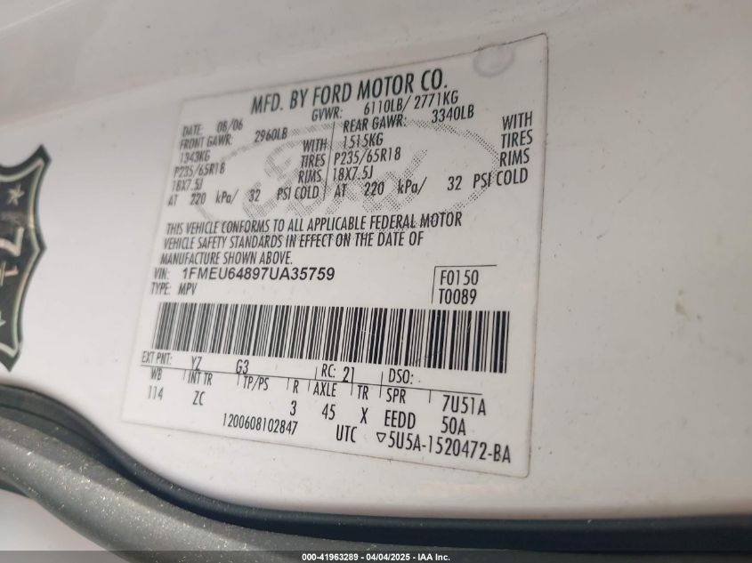 2007 Ford Explorer Eddie Bauer VIN: 1FMEU64897UA35759 Lot: 41963289