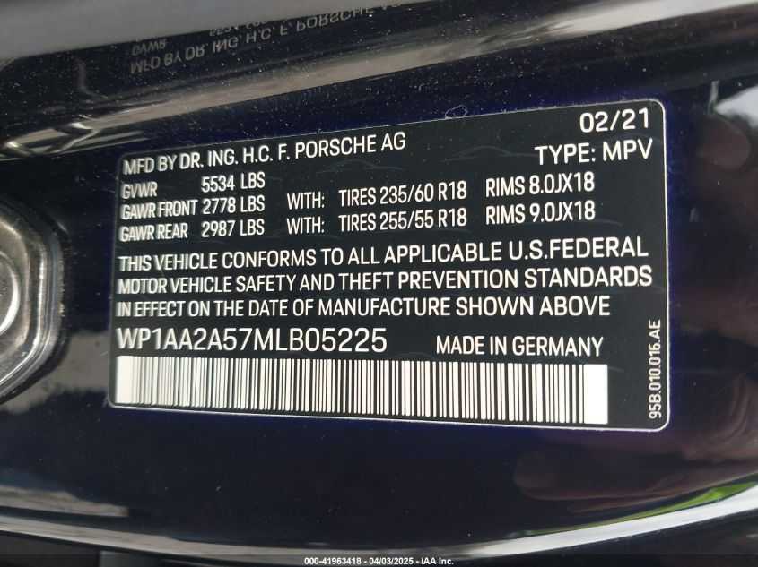 2021 Porsche Macan VIN: WP1AA2A57MLB05225 Lot: 41963418