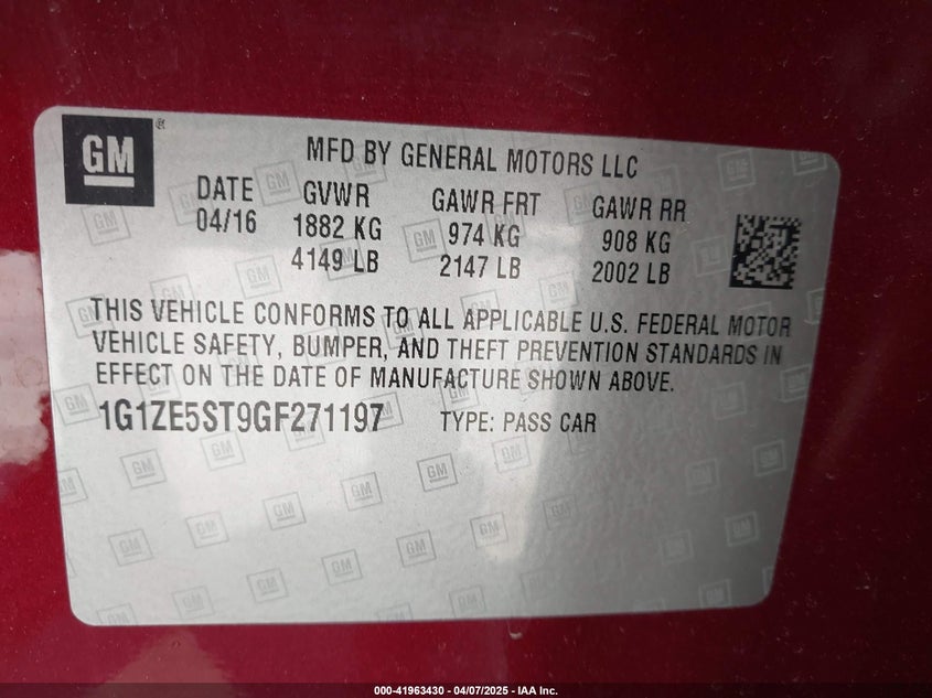 2016 CHEVROLET MALIBU VIN: 1G1ZE5ST9GF271197