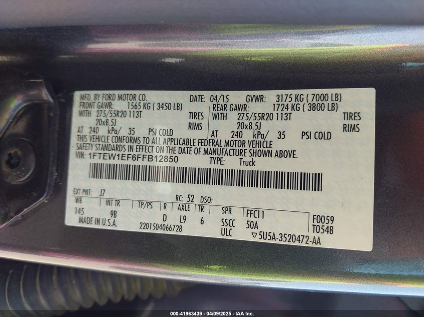 2015 FORD F-150 VIN: 1FTEW1EF6FFB12850
