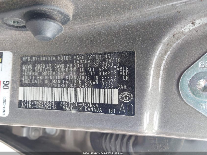 2019 Toyota Corolla Le VIN: 2T1BURHE3KC164658 Lot: 41963442