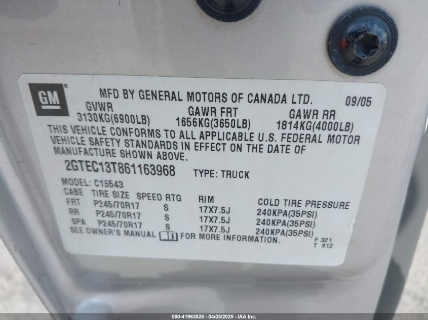 2006 GMC Sierra 1500 Sle1 VIN: 2GTEC13T861163968 Lot: 41963526