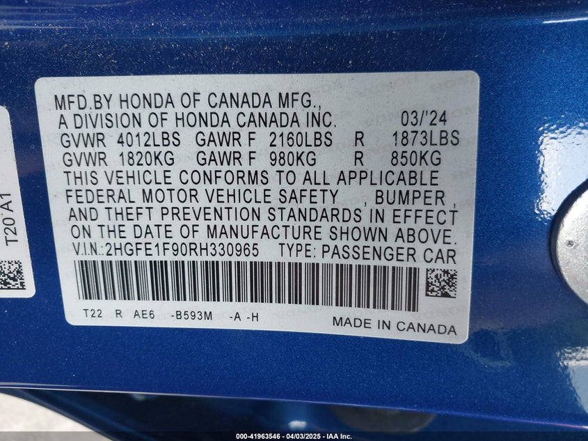 2024 HONDA CIVIC VIN: 2HGFE1F90RH330965