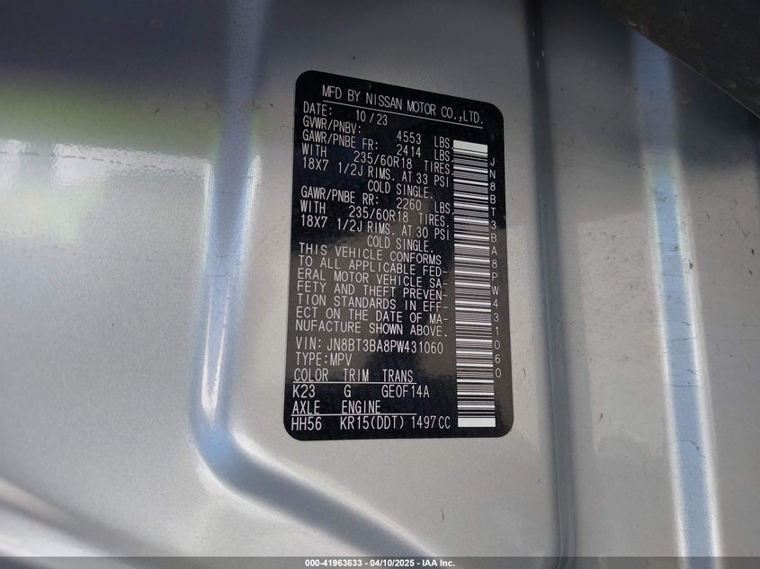 2023 NISSAN ROGUE VIN: JN8BT3BA8PW431060