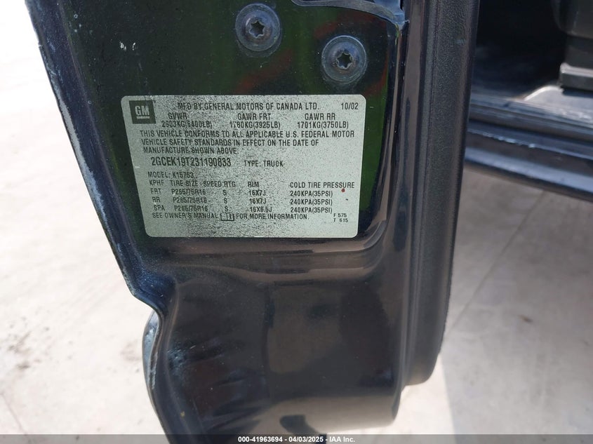 2003 Chevrolet Silverado 1500 Ls VIN: 2GCEK19T231190833 Lot: 41963694