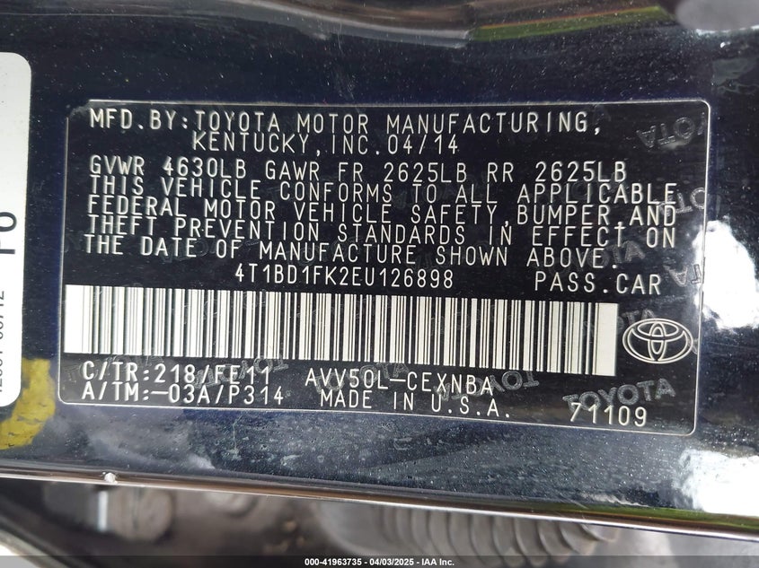 2014 TOYOTA CAMRY HYBRID VIN: 4T1BD1FK2EU126898