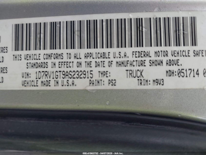 2010 DODGE RAM 1500 VIN: 1D7RV1GT9AS232915