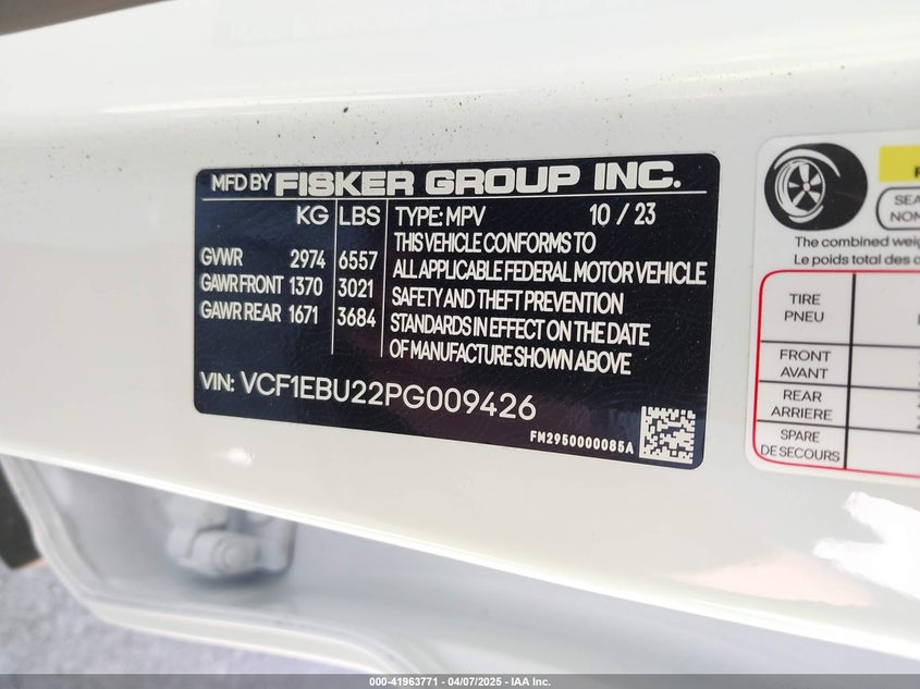 2023 FISKER OCEAN VIN: VCF1EBU22PG009426