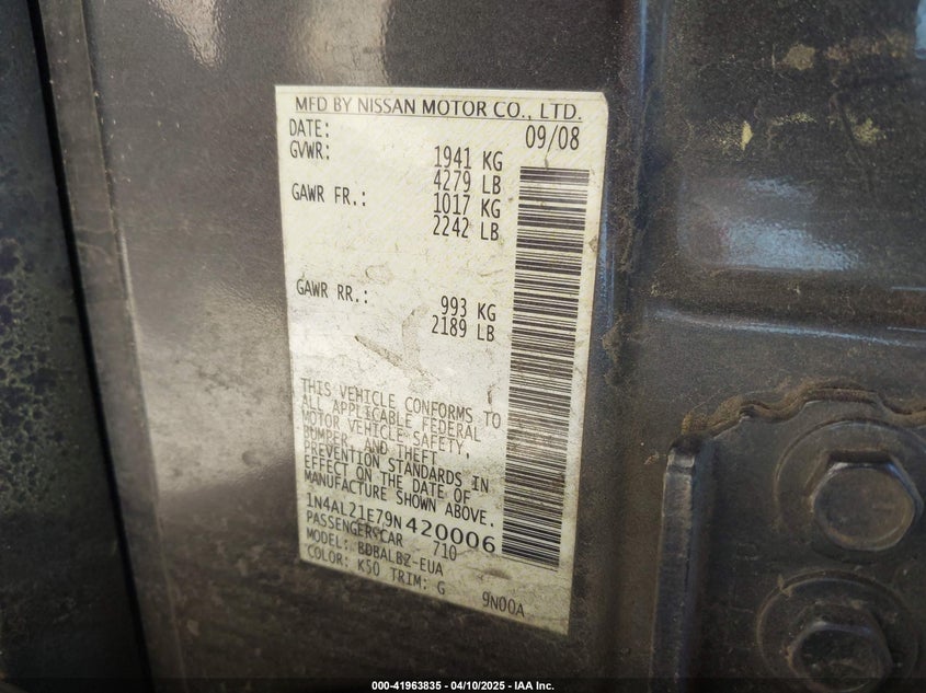 2009 NISSAN ALTIMA VIN: 1N4AL21E79N420006