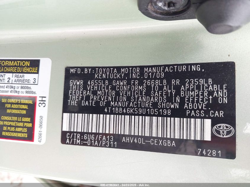 2009 Toyota Camry Hybrid VIN: 4T1BB46K594105198 Lot: 41963841