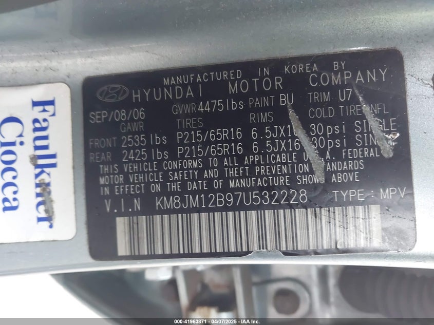 2007 Hyundai Tucson Gls VIN: KM8JM12B97U532228 Lot: 41963871