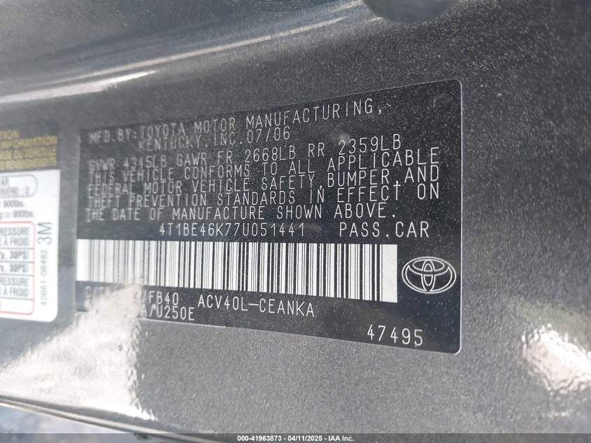 2007 TOYOTA CAMRY VIN: 4T1BE46K77U051441