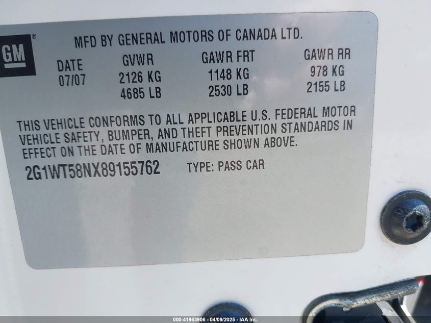2008 CHEVROLET IMPALA VIN: 2G1WT58NX89155762