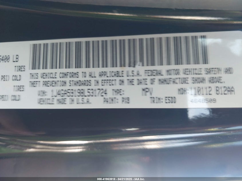 2008 JEEP WRANGLER UNLIMITED VIN: 1J4GA59198L531724