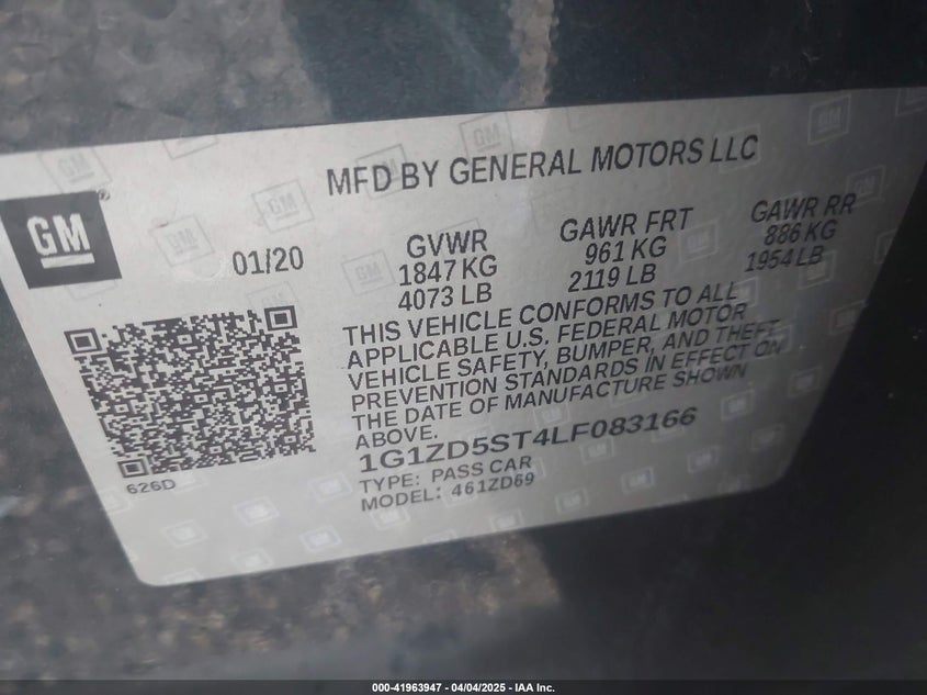 2020 CHEVROLET MALIBU VIN: 1G1ZD5ST4LF083166
