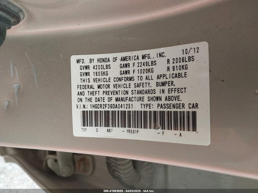 2013 HONDA ACCORD VIN: 1HGCR2F36DA041251
