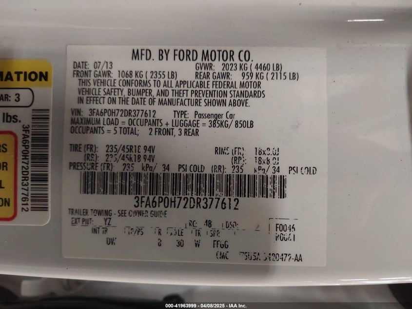 2013 FORD FUSION VIN: 3FA6P0H72DR377612