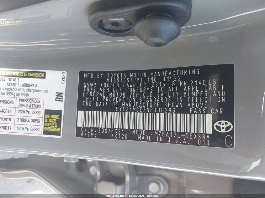 2022 TOYOTA COROLLA(VIN: 5YFS4MCE7NP138286