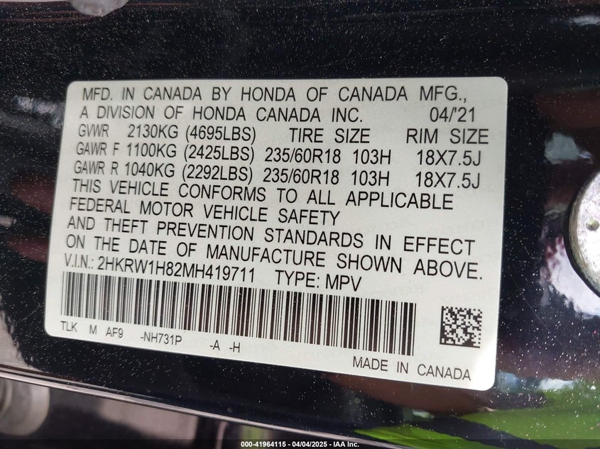 2021 HONDA CR-V 2WD EX-L - 2HKRW1H82MH419711